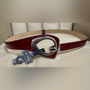 Rolfs Red Patent Leather Ostrich Quill Pattern Belt for Women L/XL Silver Buckle
